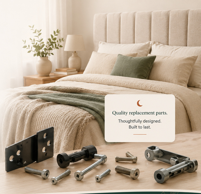 Calm bedroom with bed repair fittings and replacement parts